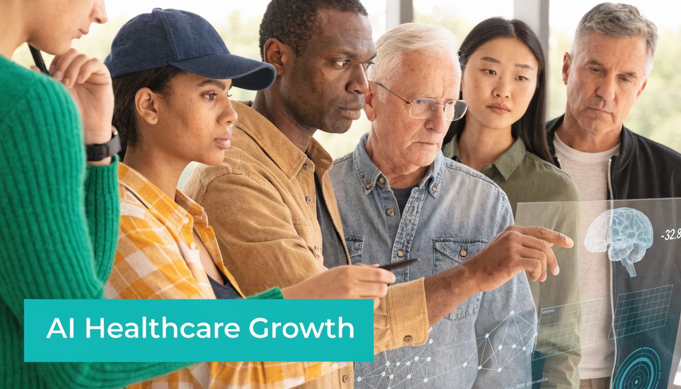 A diverse group of healthcare professionals analyzing a digital brain model on a transparent touchscreen interface.
