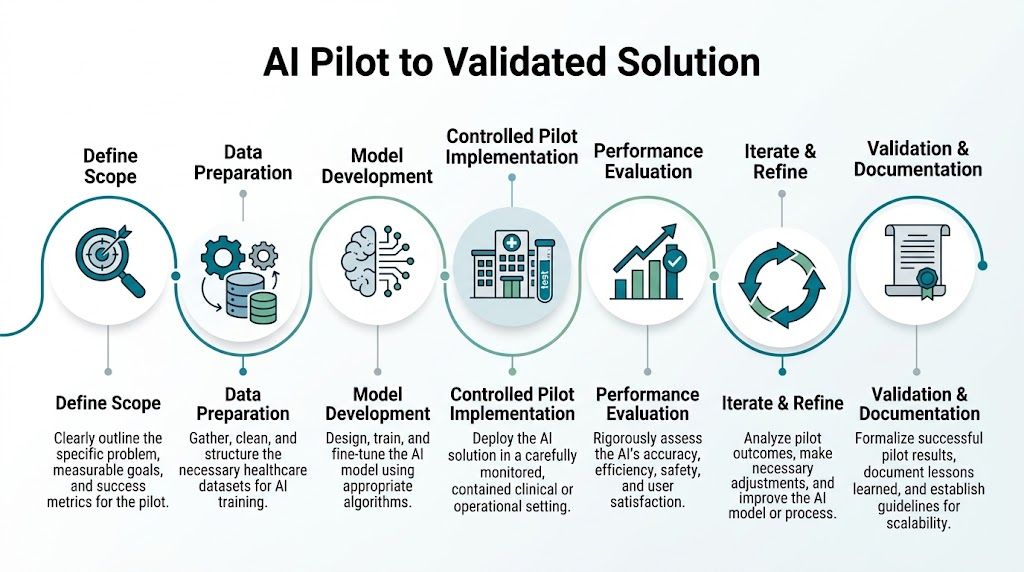 A flowchart showing the step-by-step process of taking an AI pilot to a validated healthcare solution.