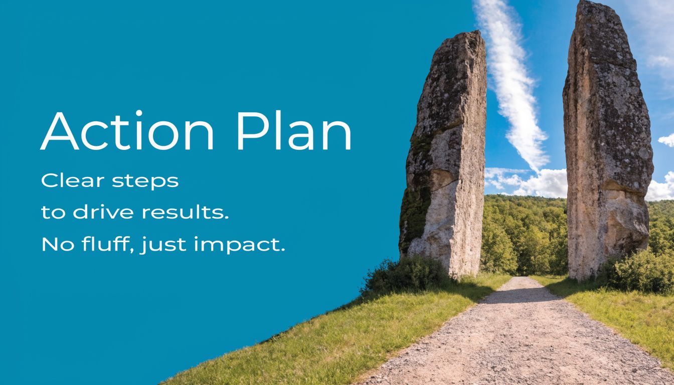 An inspirational graphic featuring two tall stone pillars standing over a path leading to a forest.