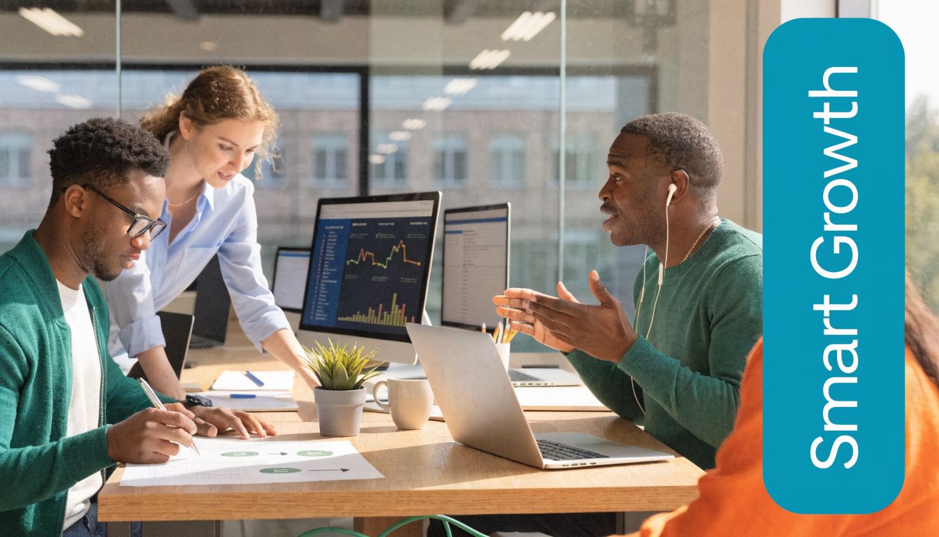 A diverse business team collaborates on strategies in a modern office with laptops and data charts.