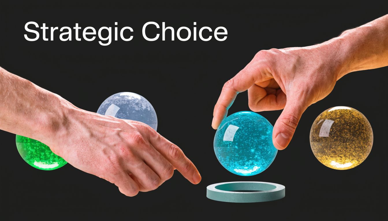 A conceptual image of a human hand placing a glowing blue sphere onto a stand, representing strategic decision-making.