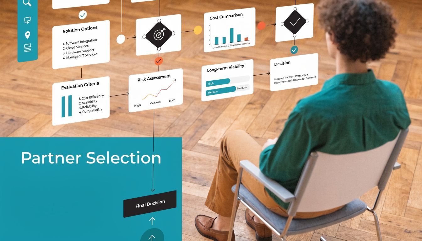 A person looking at a digital flowchart on a screen about business partner selection and decision-making.