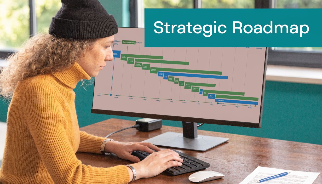 A person wearing a beanie sits at a desk typing on a computer showing a strategic roadmap.