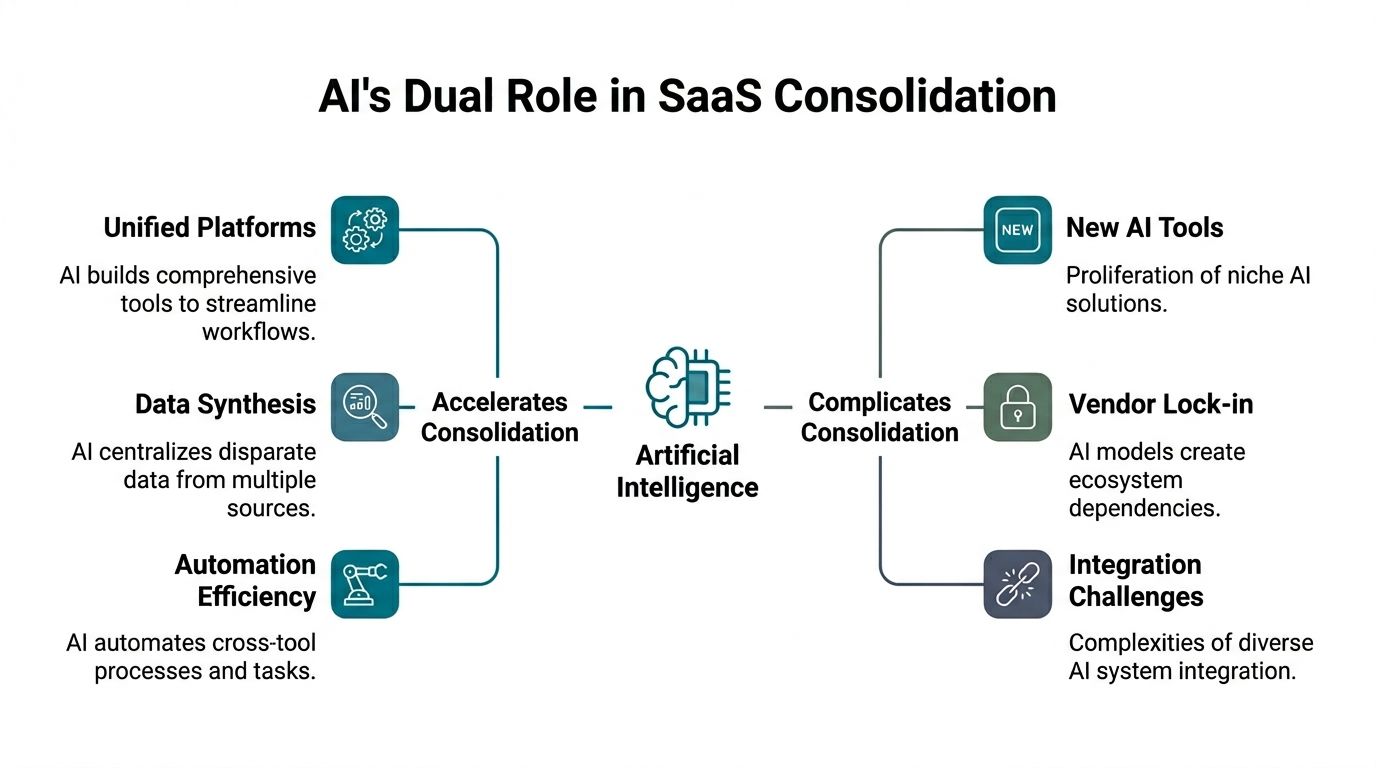 A diagram illustrating the dual role of artificial intelligence in accelerating and complicating SaaS consolidation processes.