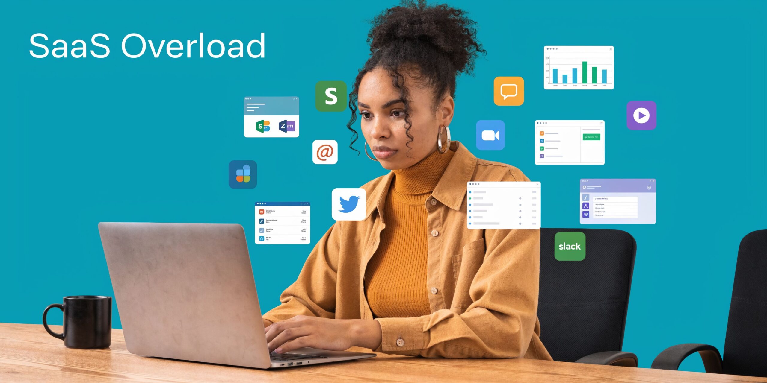 A woman working on a laptop surrounded by floating software icons representing SaaS application overload and digital fatigue.