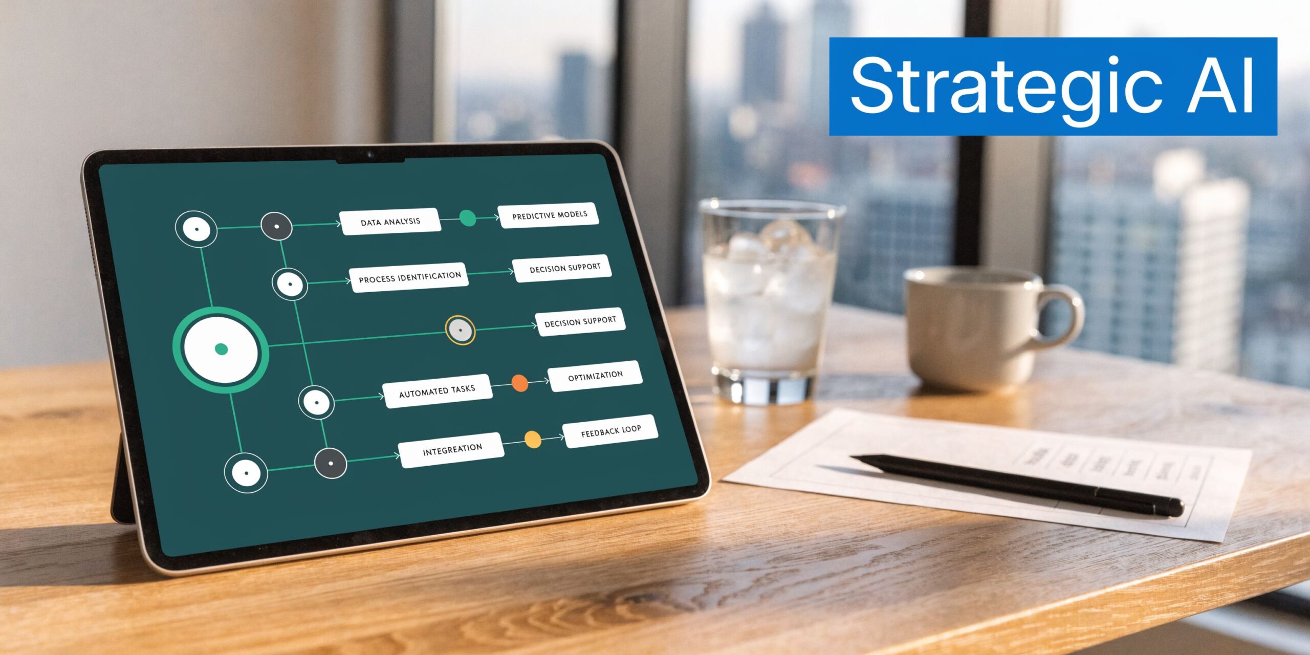 A digital tablet displaying a Strategic AI workflow diagram on a wooden desk near a glass and coffee mug.