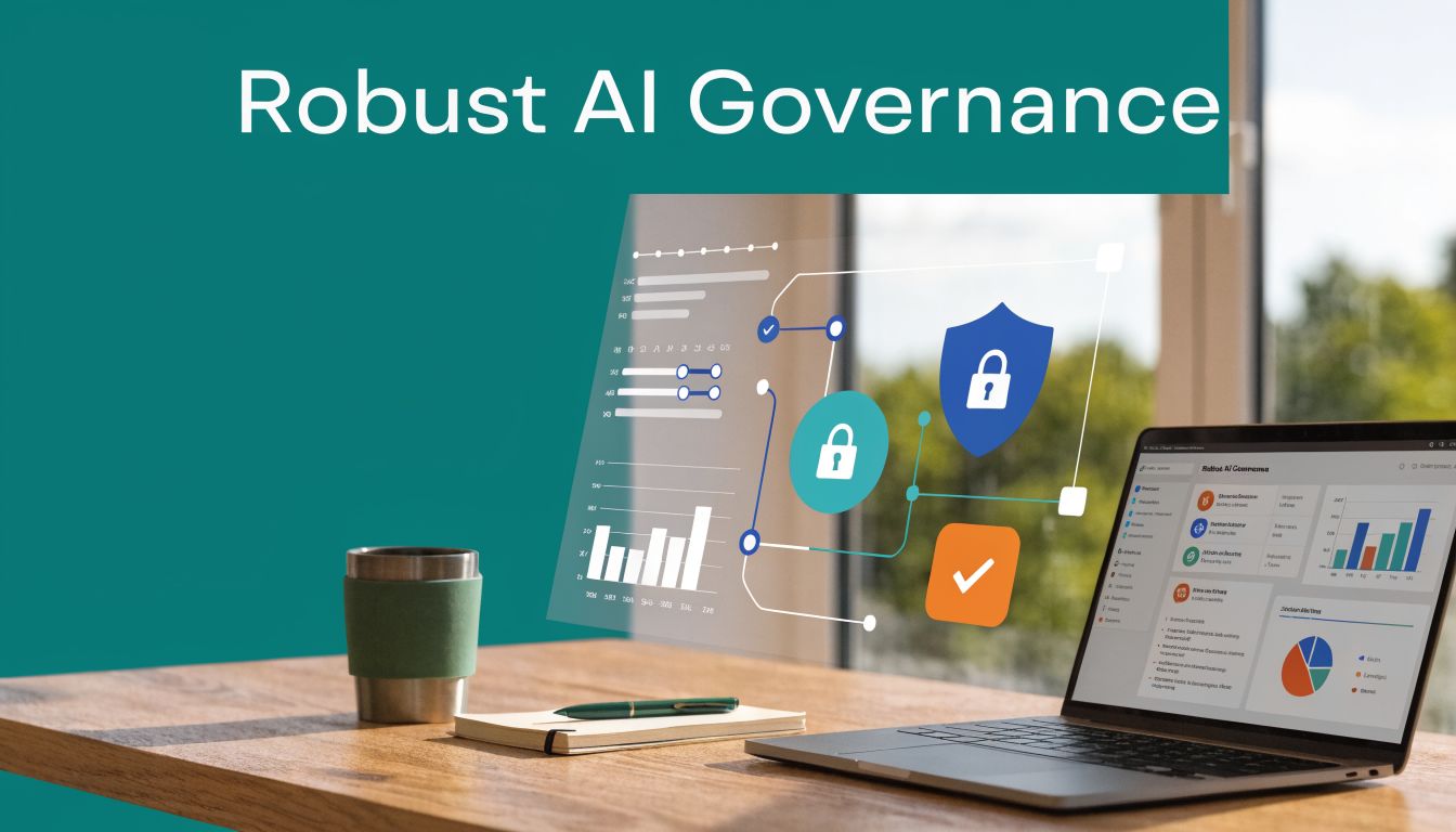A modern workspace featuring a laptop displaying AI governance analytics alongside a conceptual security-themed data visualization overlay.