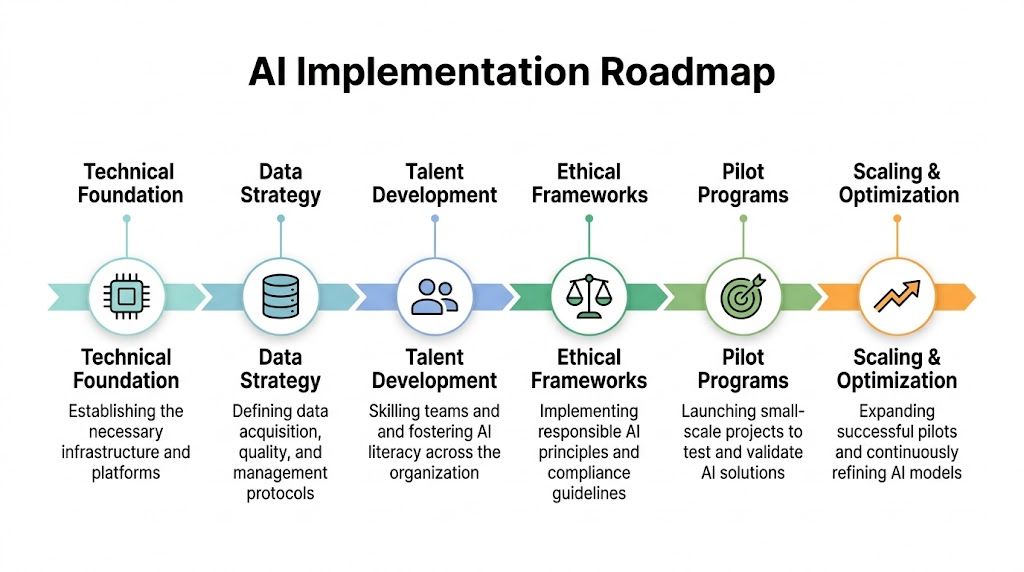 A six-step visual roadmap illustrating the process of implementing artificial intelligence within a business organization.