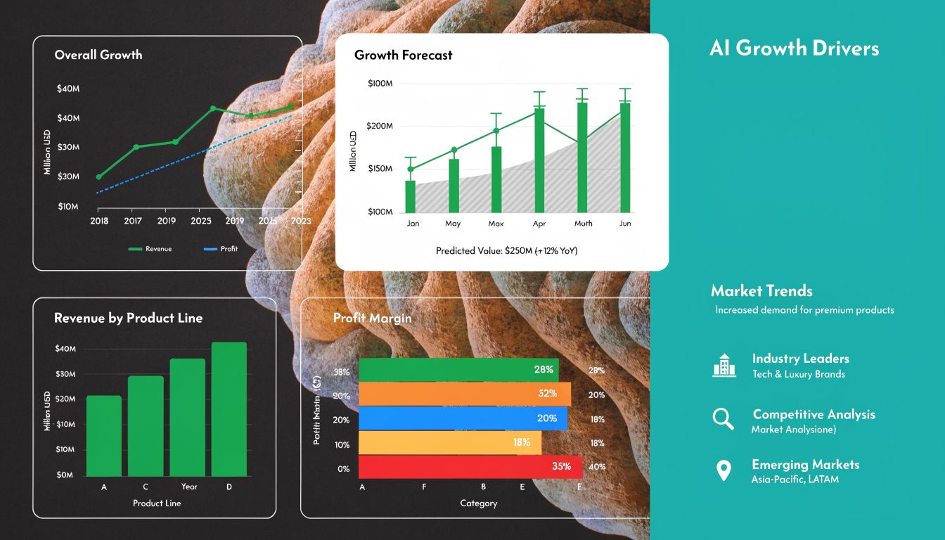 A dashboard showing charts about AI growth, revenue, product lines, and profit margins for business analysis.