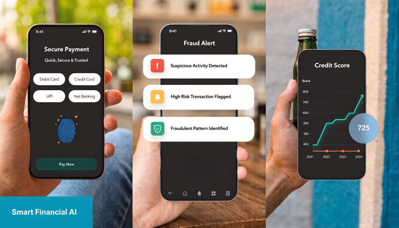 A hand holds three smartphones displaying various financial app interfaces including payment options, fraud alerts, and credit scores.