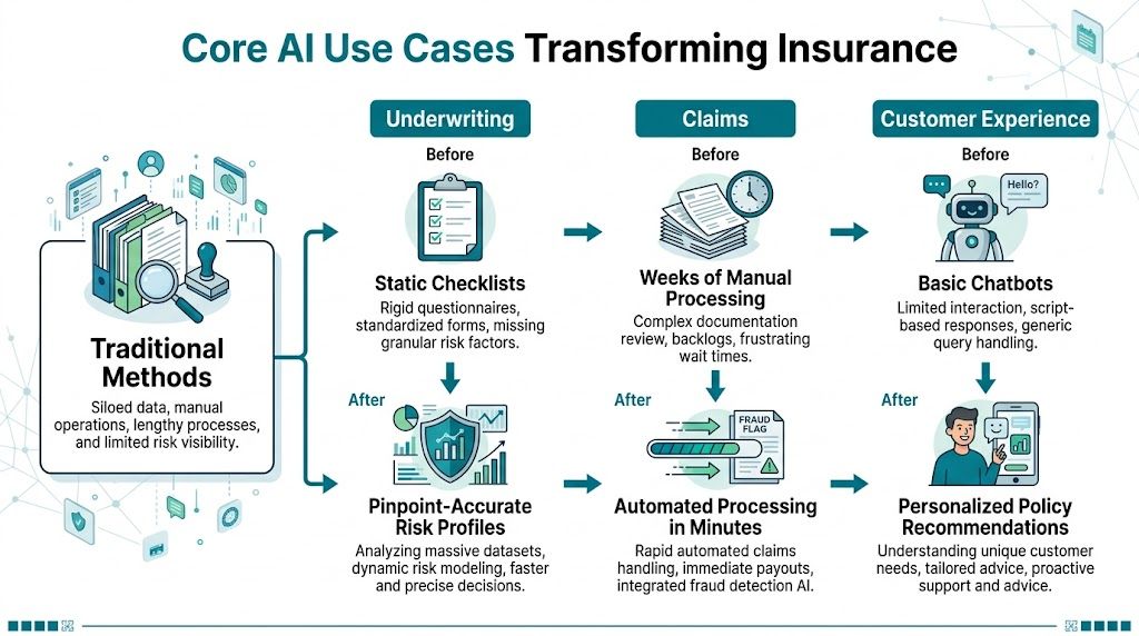 An infographic illustrating how AI transforms insurance underwriting, claims processing, and customer experience from traditional to modern.