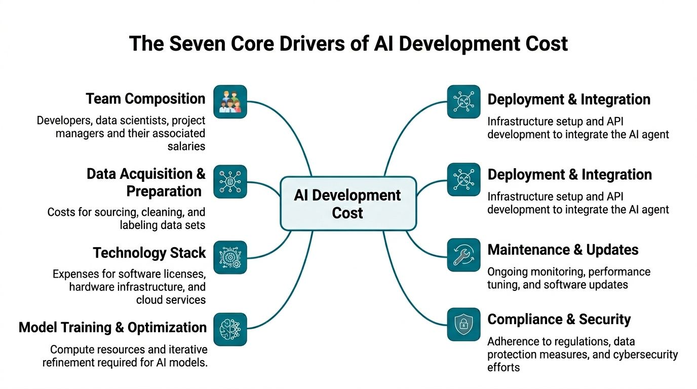 A mind map infographic showing seven key factors that drive total costs for AI development projects.