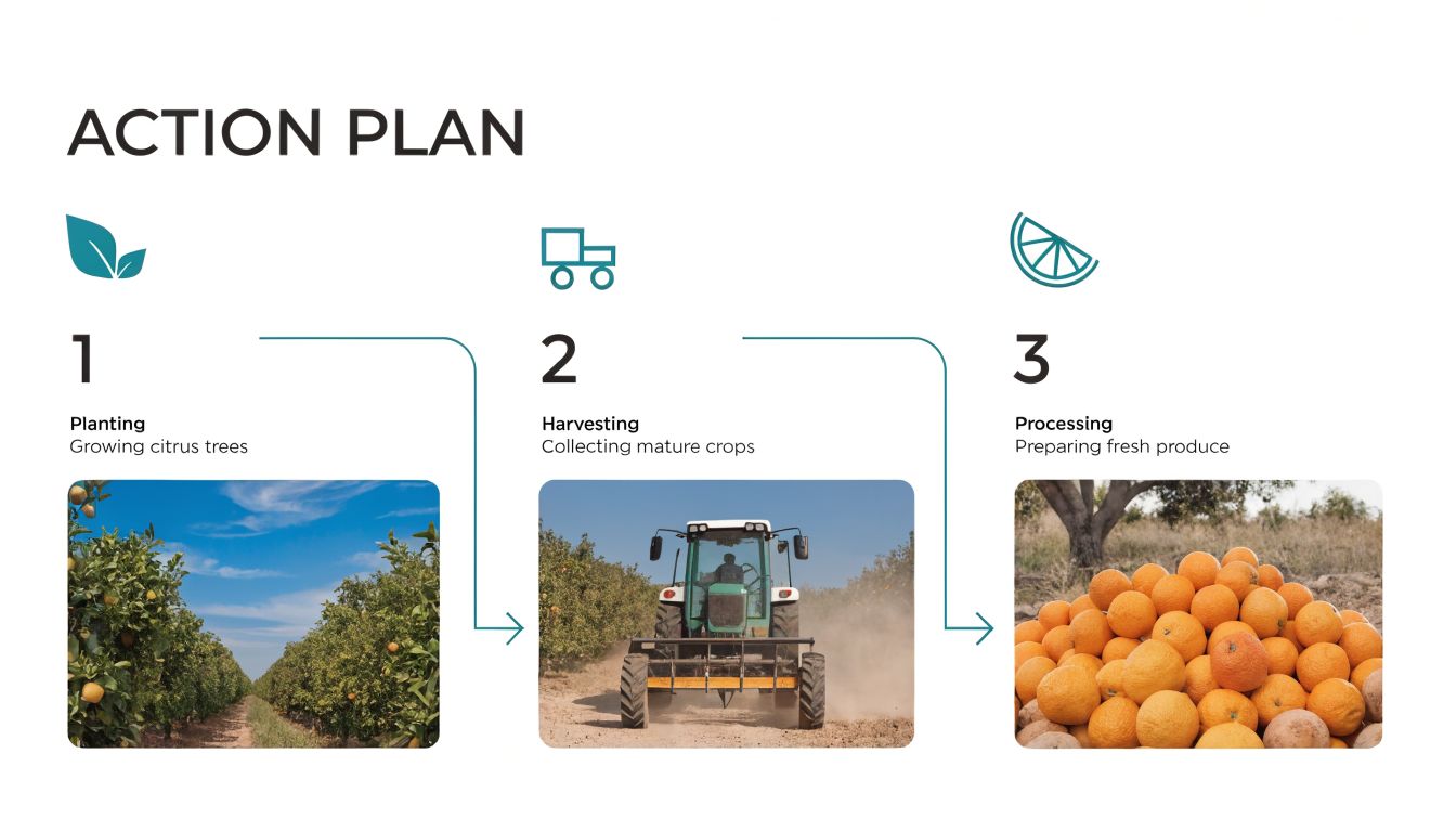 A three step infographic showing the citrus production process from planting trees to harvesting and processing oranges.