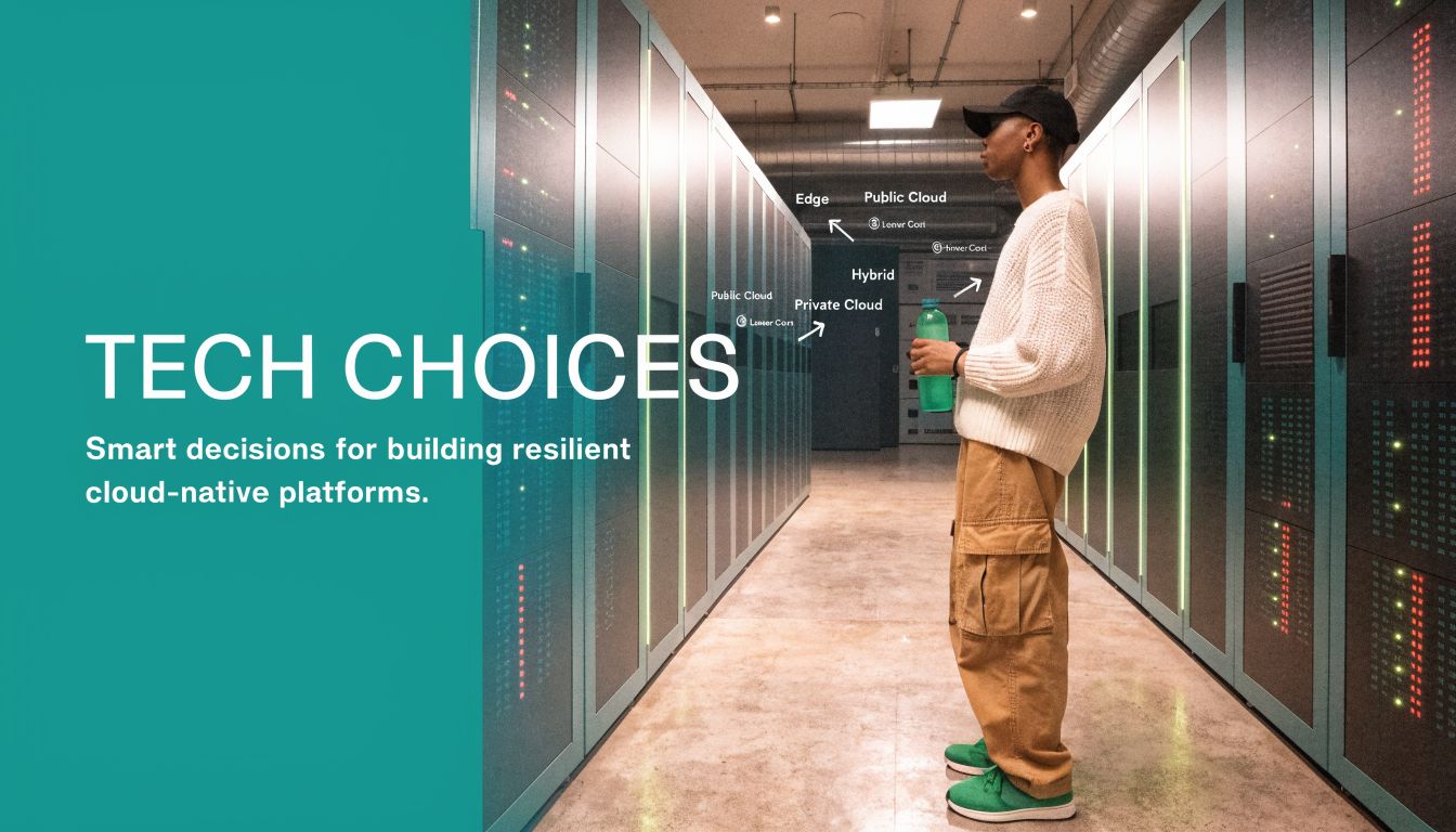 A person standing in a modern data center examining a diagram illustrating cloud computing architecture models.