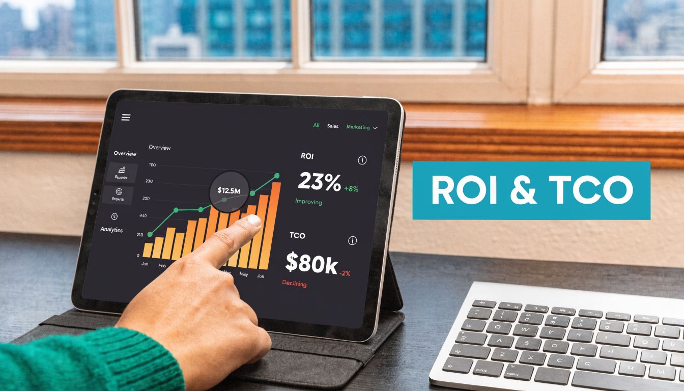 A person interacting with a tablet screen showing financial analytics charts, ROI, and TCO performance metrics.