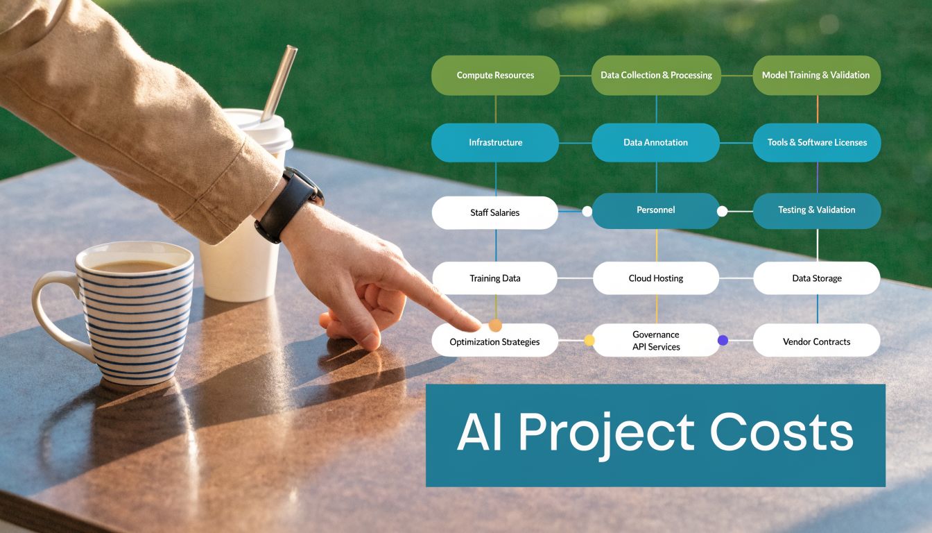 A hand pointing to a chart showing various categories of costs associated with AI project development.