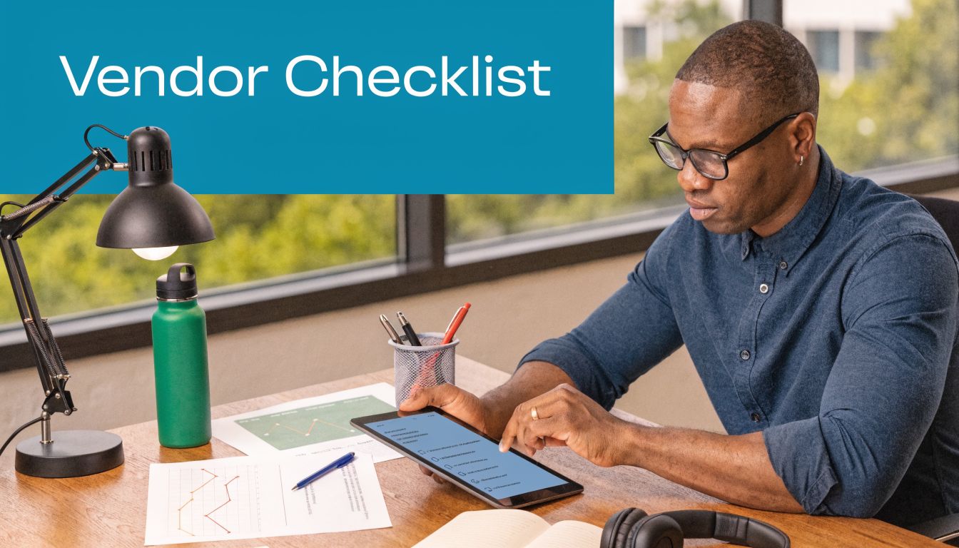 A professional man reviewing a digital vendor checklist on his tablet while working at an office desk.