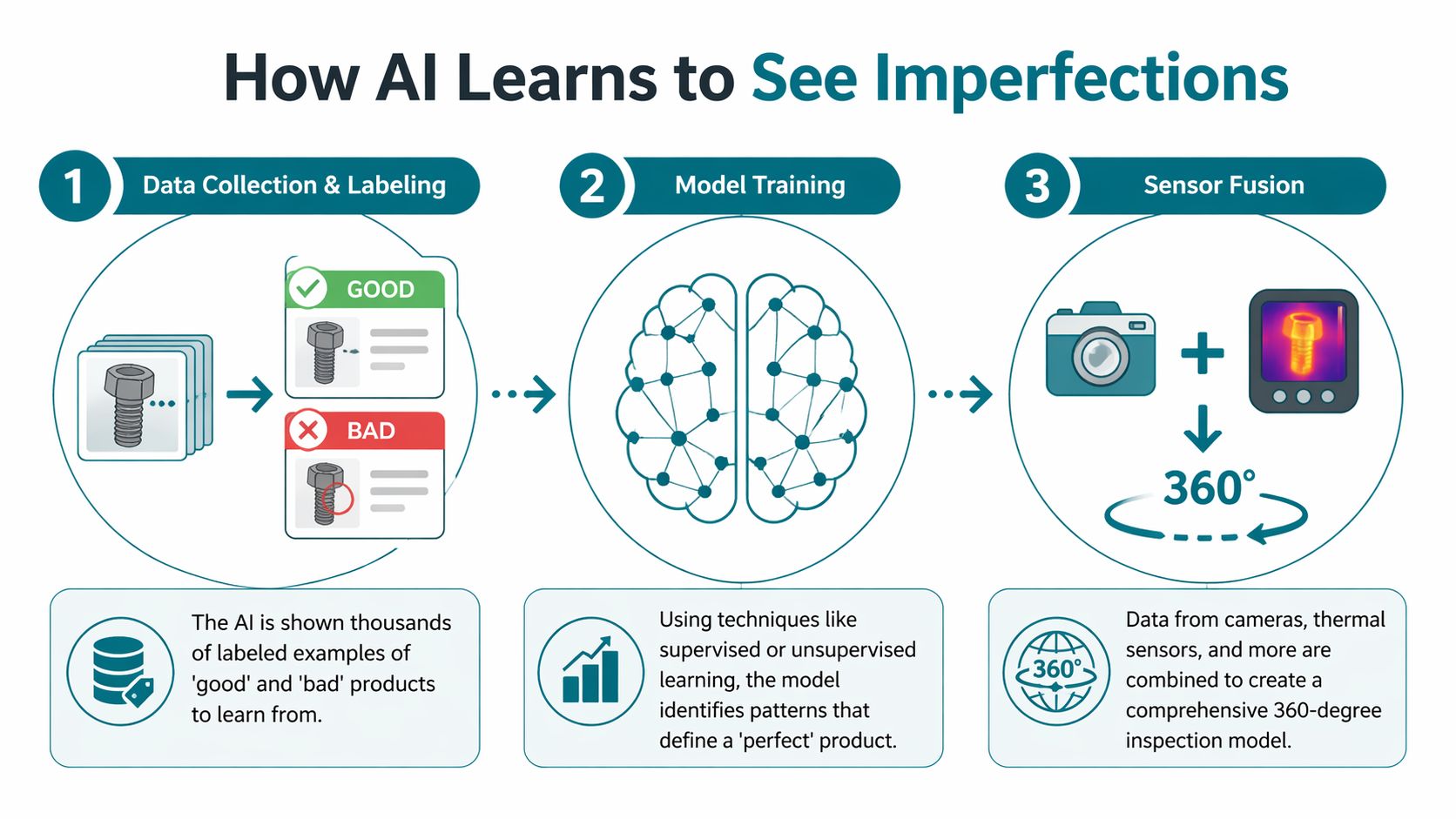 A three-step infographic explaining how AI learns to identify product imperfections through training and sensor fusion.