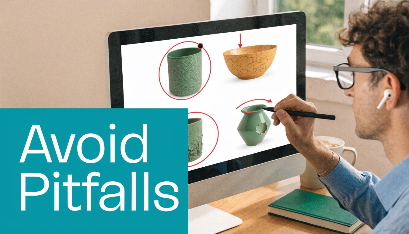 A designer using a stylus on a screen displaying 3D pottery models for AI defect detection analysis.
