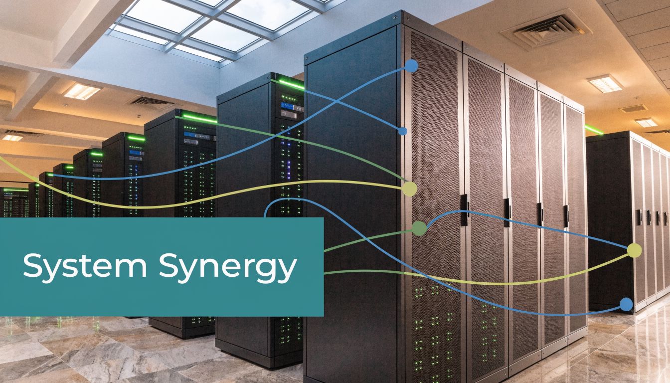 Server racks in a modern data center showing interconnected network flows represented by abstract colorful lines.