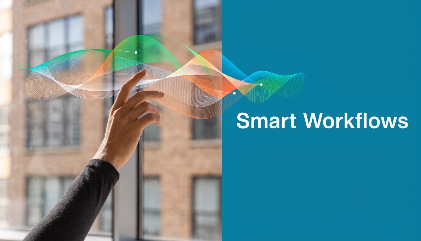 A person's hand interacting with a colorful digital wave graphic representing automated smart business workflows.