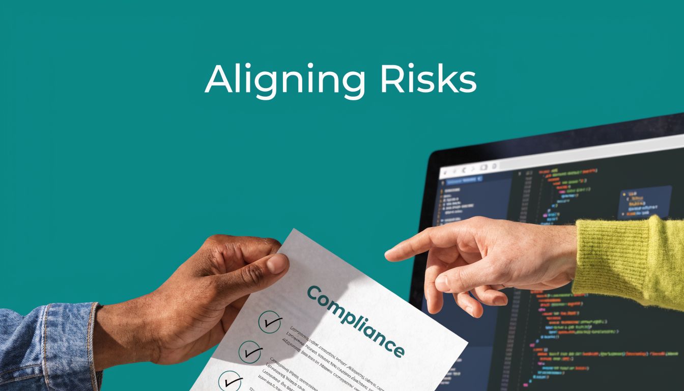 A professional hand shows a compliance checklist to another person pointing at computer code on screen.