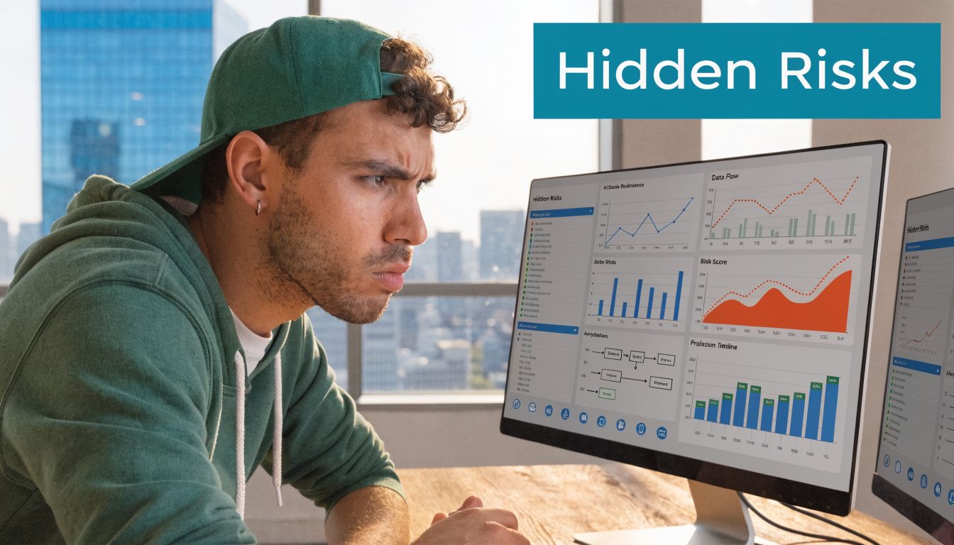 A focused man wearing a green hoodie and cap examines complex data charts on a computer monitor.