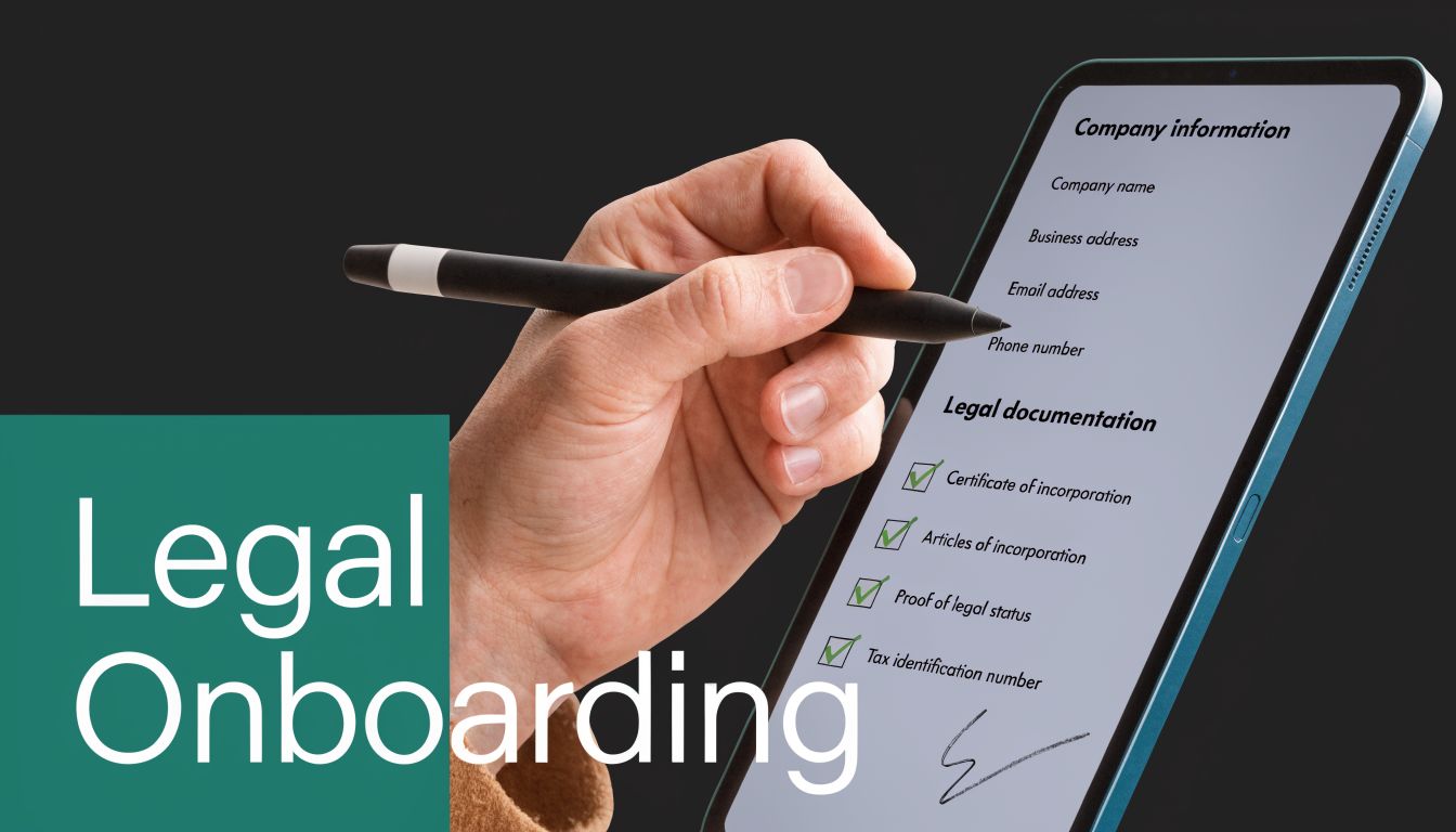A hand using a digital pen to sign legal onboarding forms on a tablet screen.