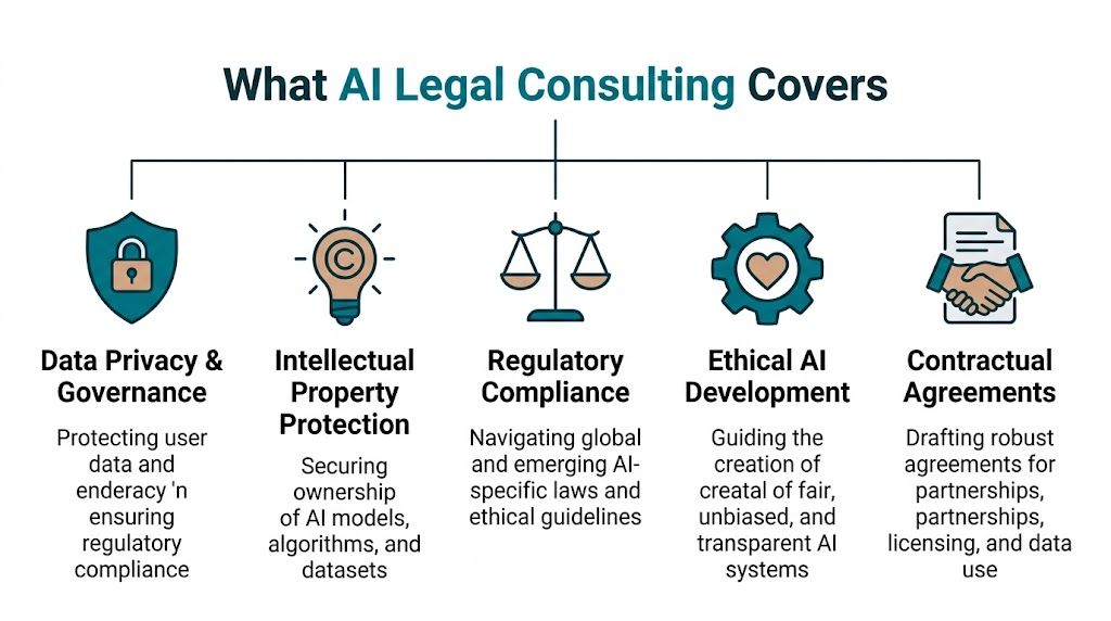 A diagram outlining the key areas of AI legal consulting, including data privacy, IP protection, and compliance.
