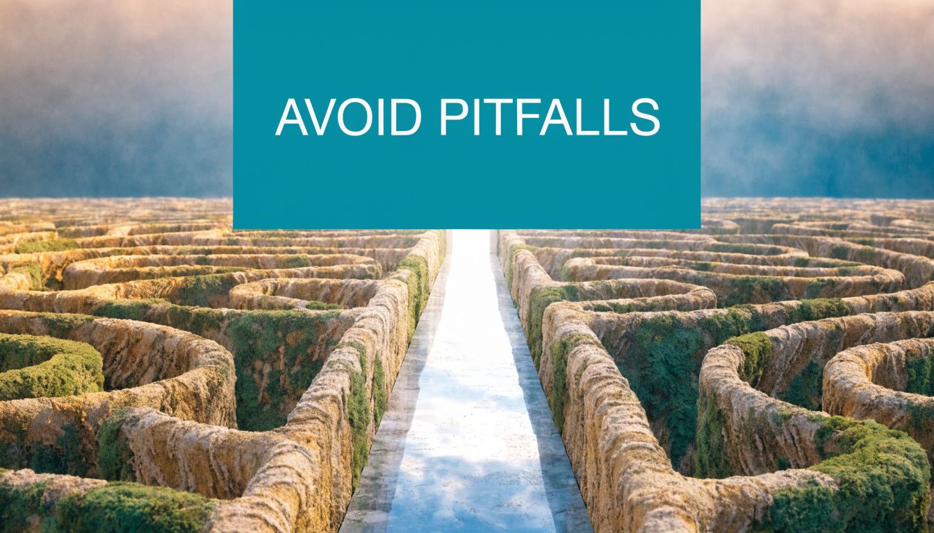 A path leading through a maze with a blue box above containing the text AVOID PITFALLS.