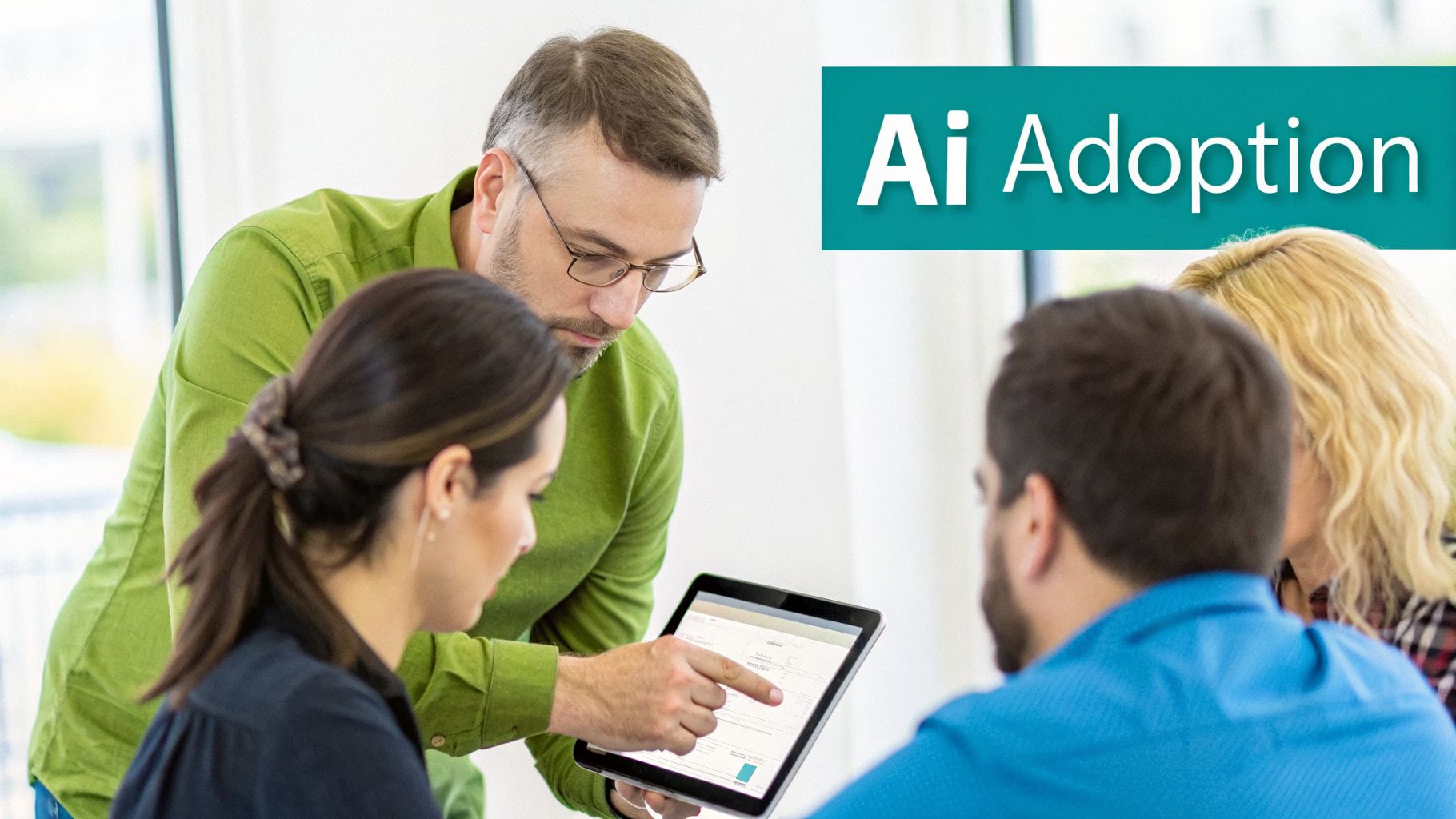 A man in a green shirt points at a tablet screen during an AI adoption discussion with colleagues.