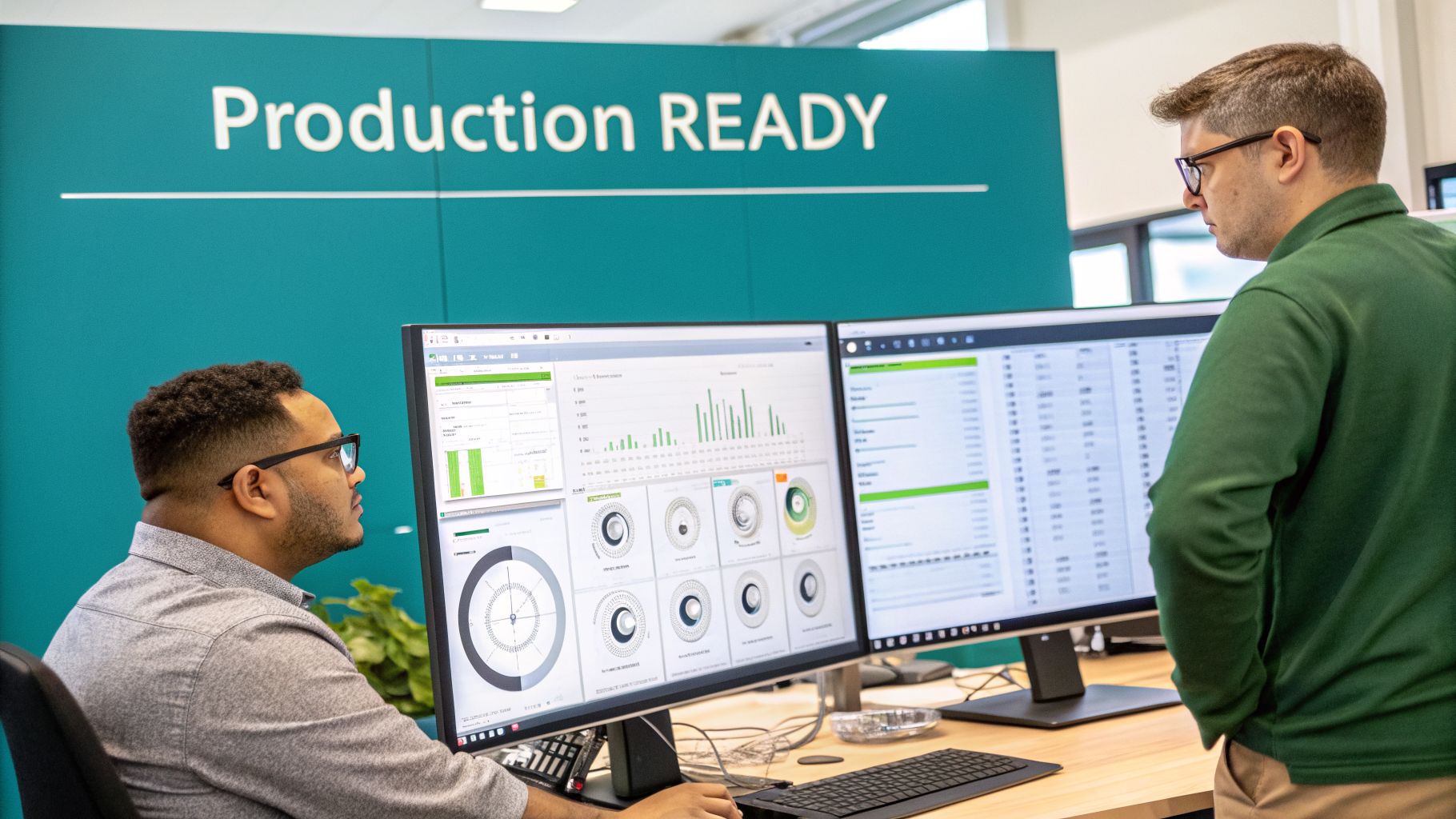 Two men collaborating in an office, reviewing production data and analytics on multiple computer screens.