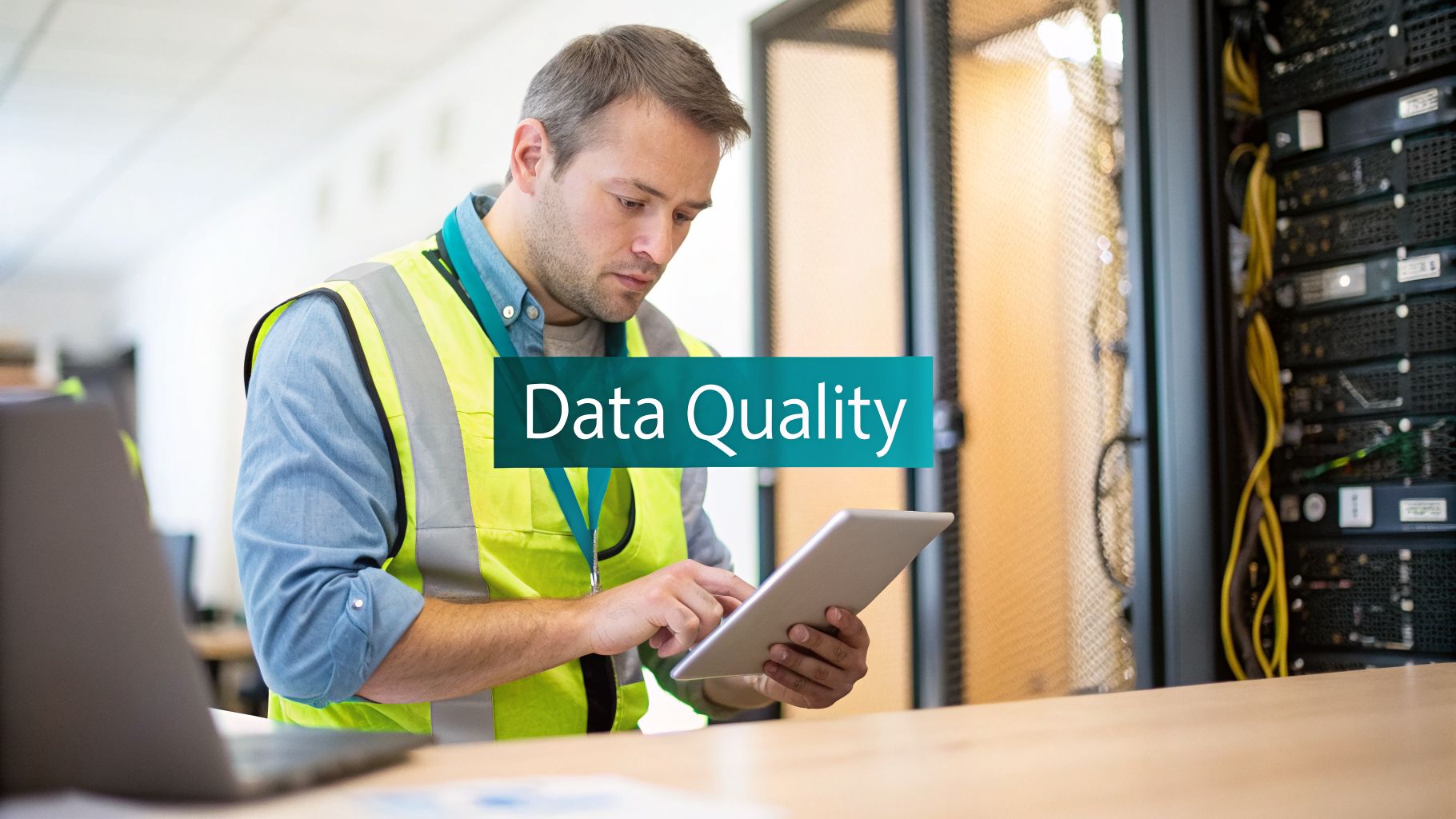 A technician in a safety vest uses a tablet in a server room, focusing on data quality.