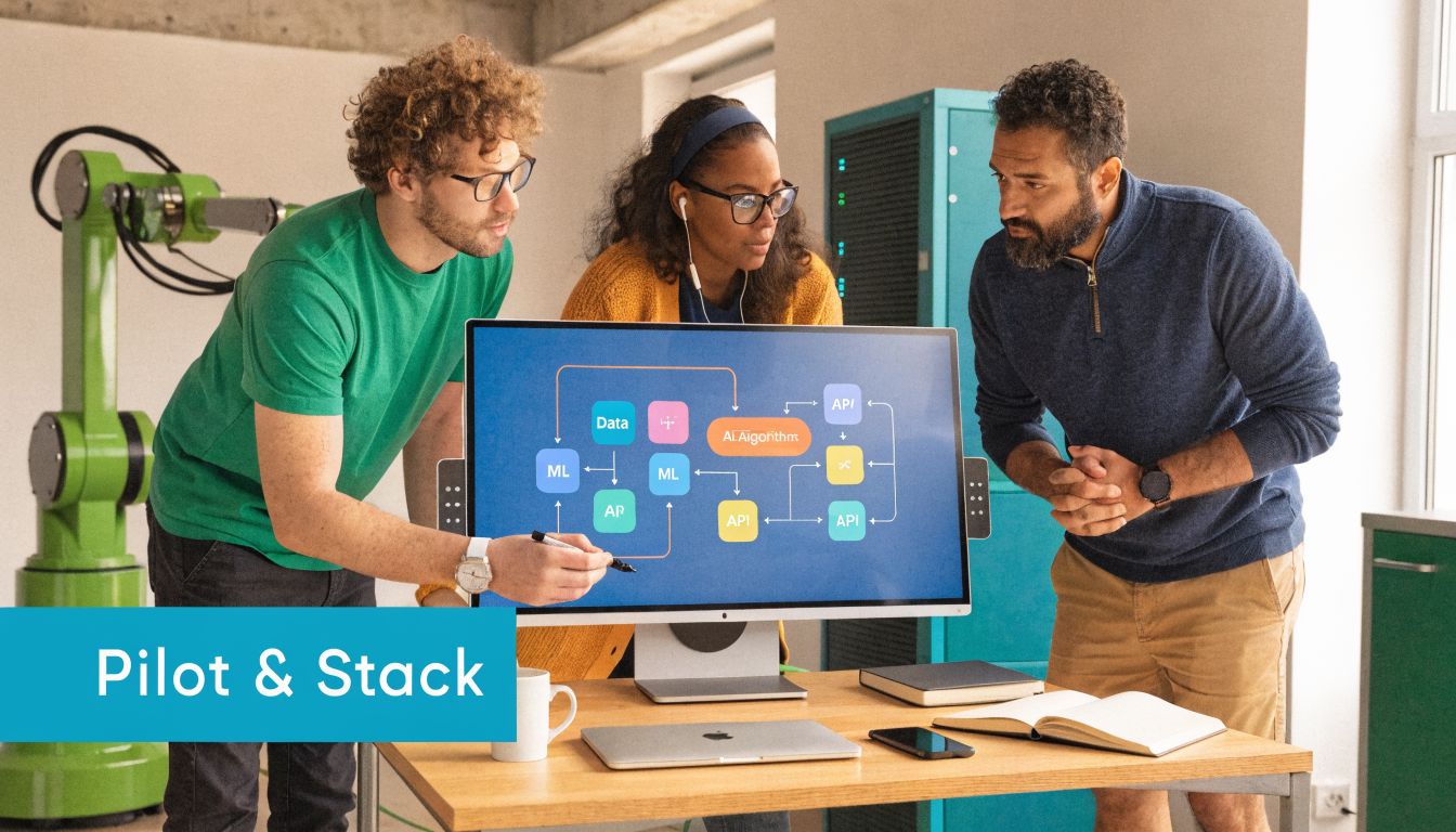 A diverse team of professionals analyzing AI and data workflow diagrams on a monitor in a modern workspace.