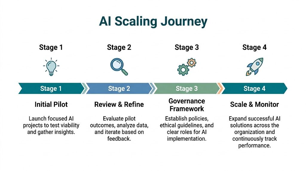 A four-stage diagram illustrating the strategic journey of scaling artificial intelligence within an organization.