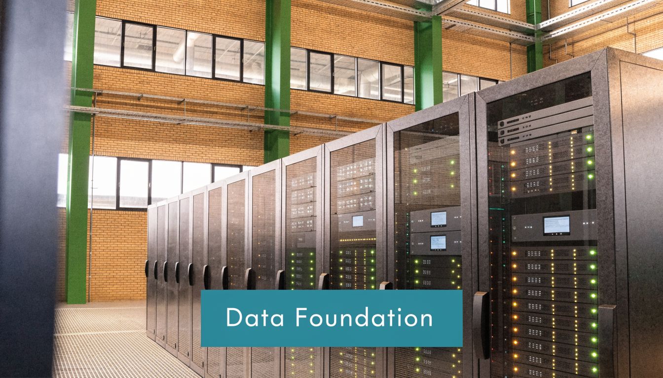 A large row of industrial server racks inside a bright, modern data center facility with brick walls.