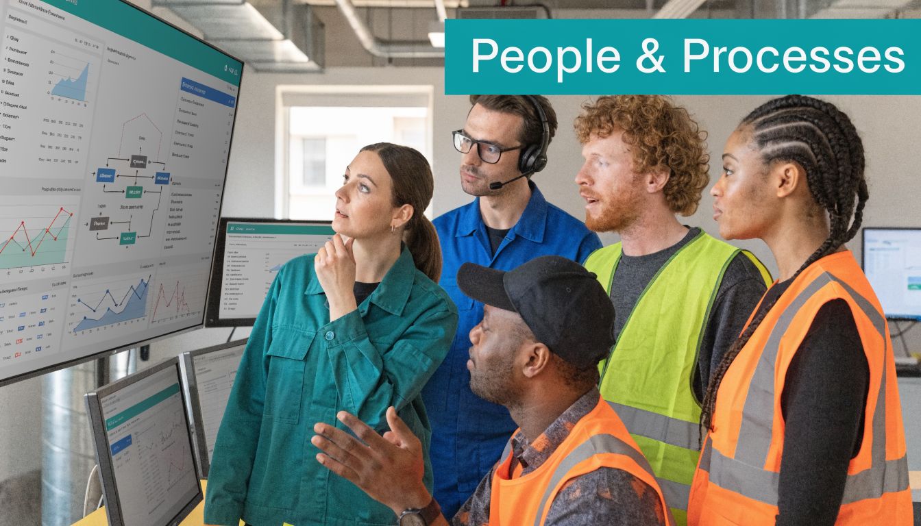 A diverse team of professionals in an industrial office environment analyzing data on large digital screens.