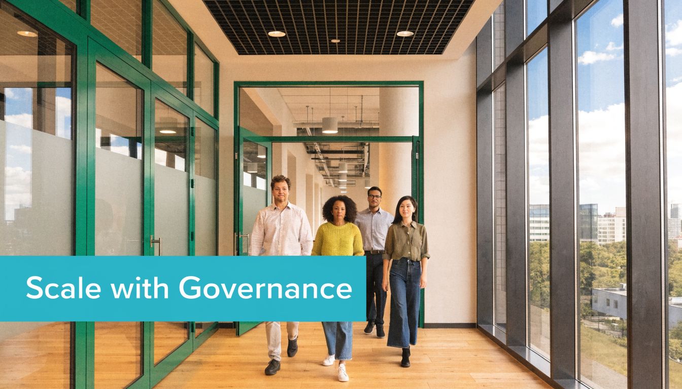 A diverse team of four colleagues walking together down a bright modern office hallway with glass walls.