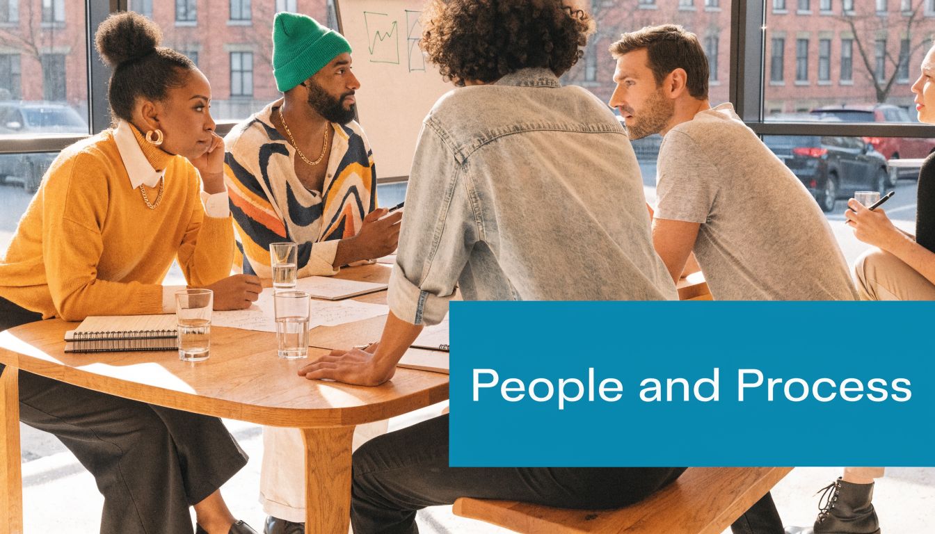 A diverse team of professionals collaborating around a table during a meeting with a large blue banner.