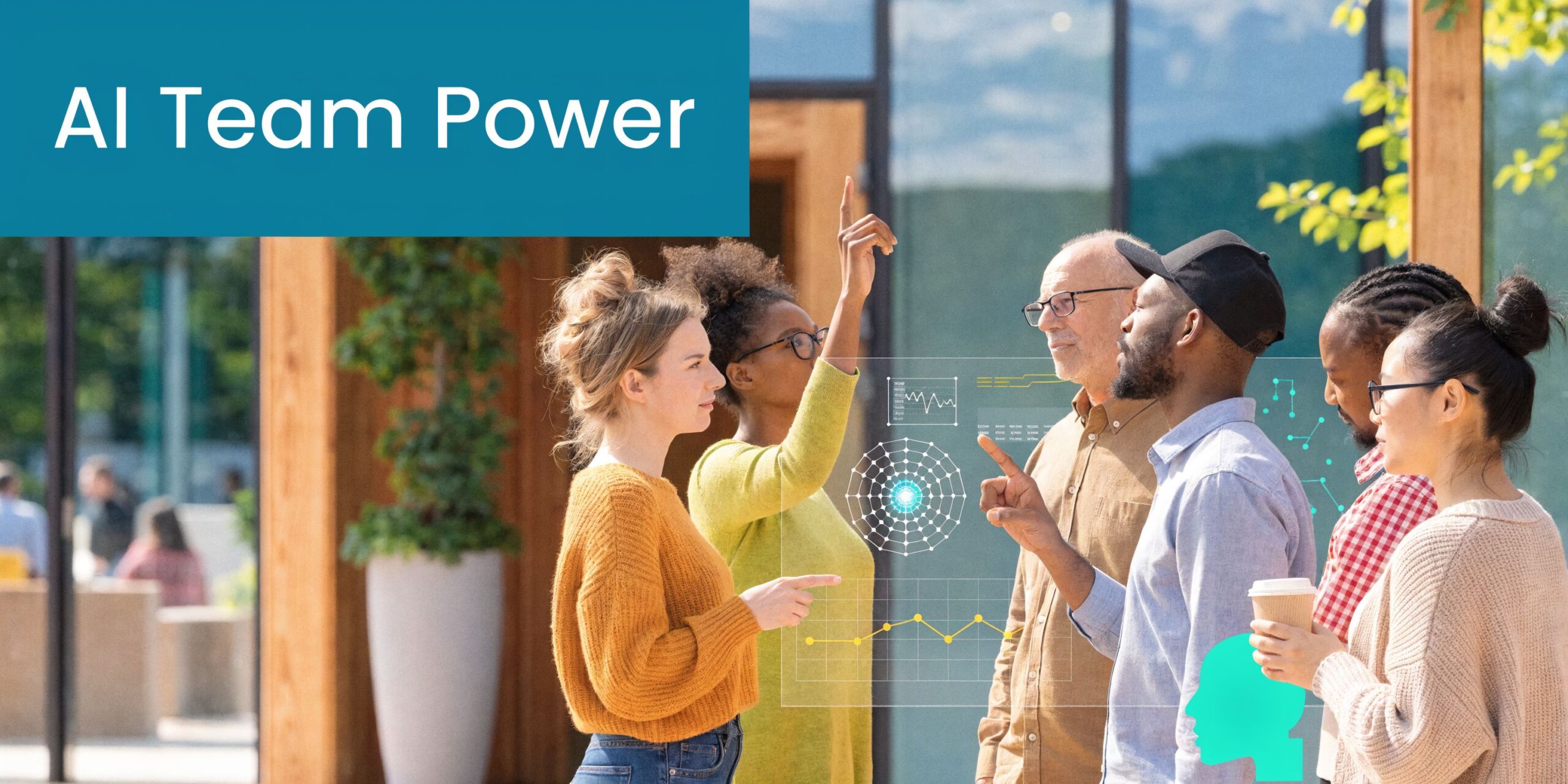 A diverse group of professional team members collaborating on a digital interface representing artificial intelligence technology.