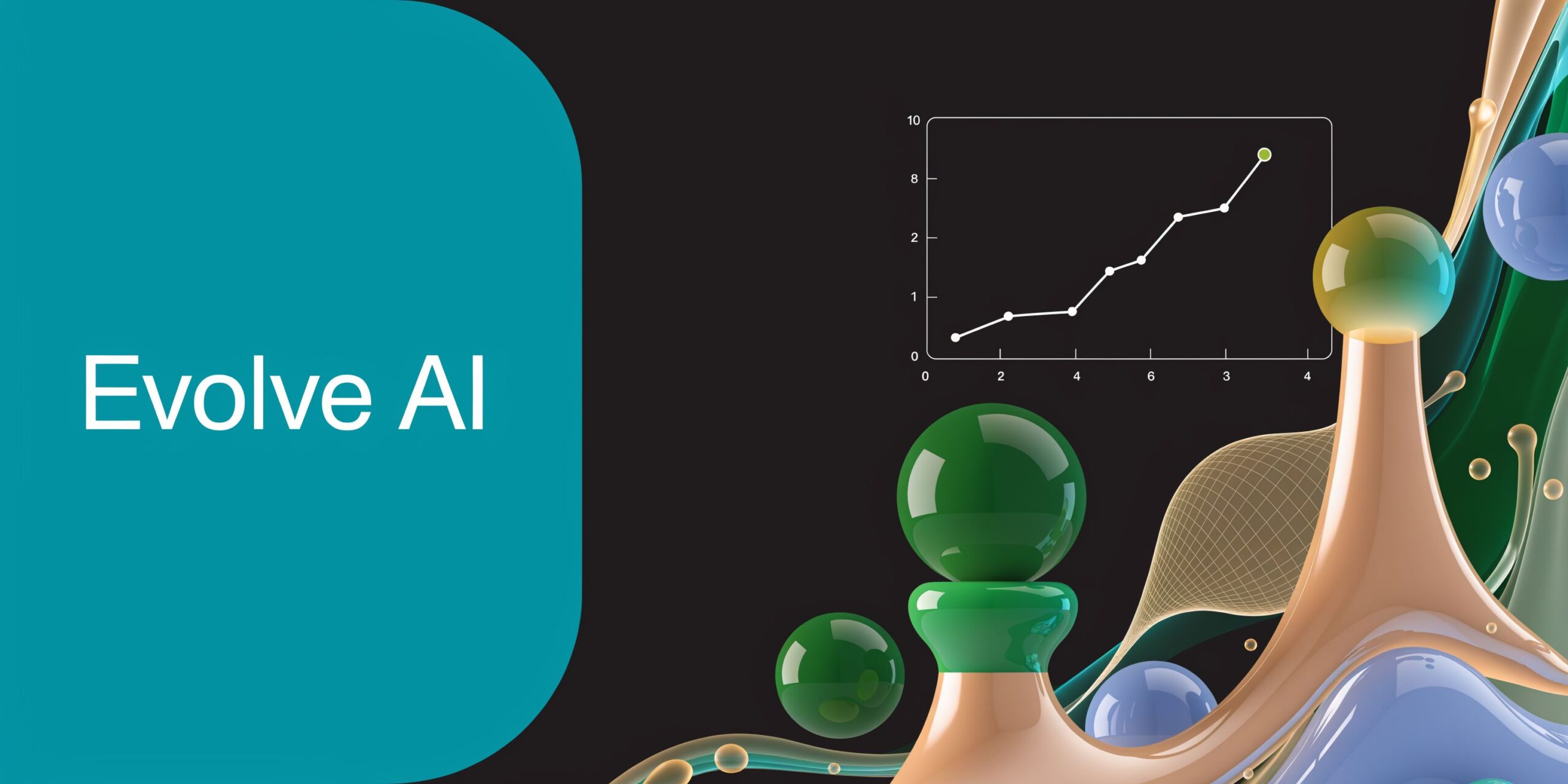 A digital graphic featuring the text Evolve AI next to an upward-trending chart and abstract spheres.
