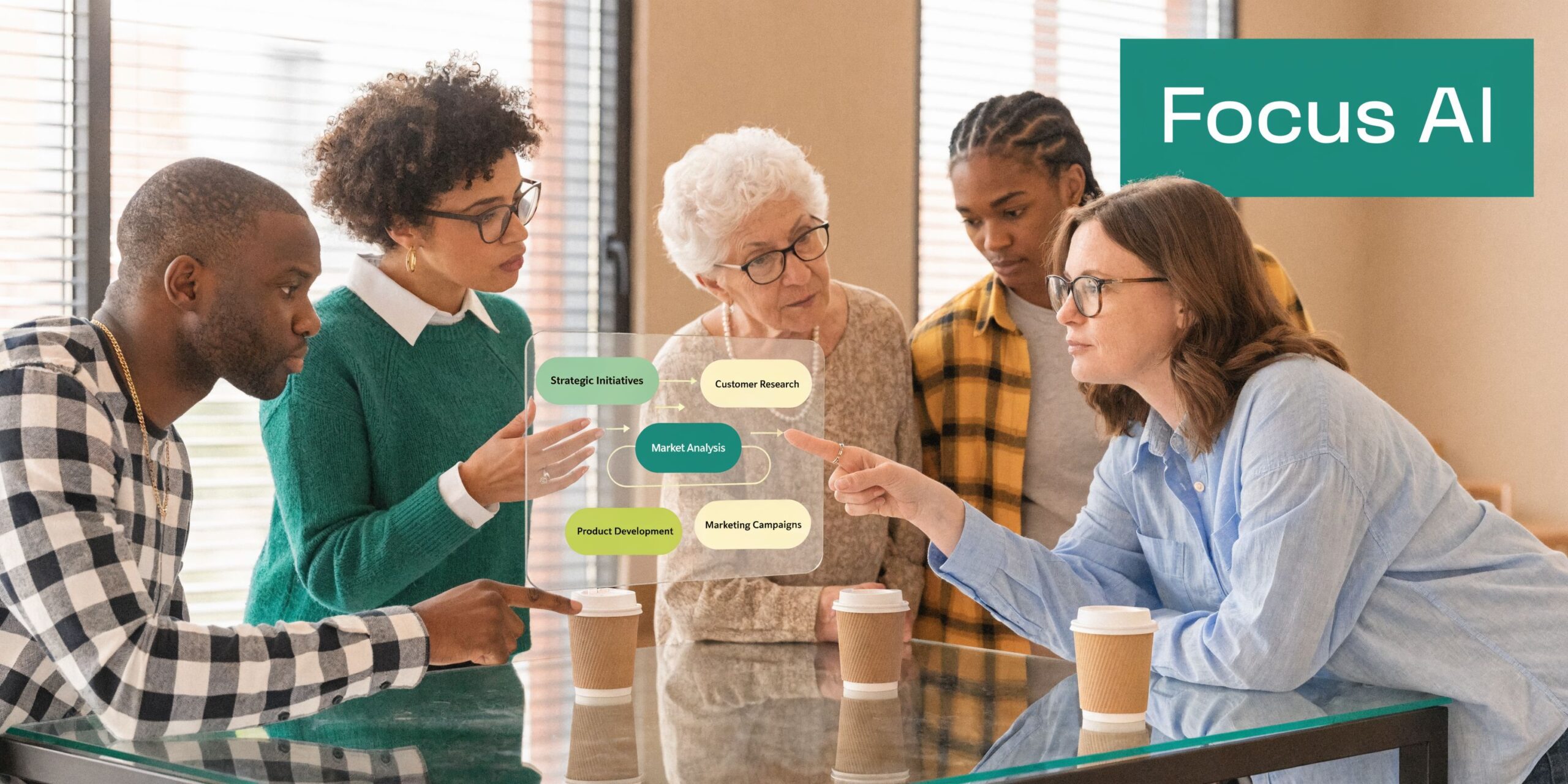 A diverse team of professionals collaboratively planning enterprise AI adoption strategies while reviewing a digital business flow chart.