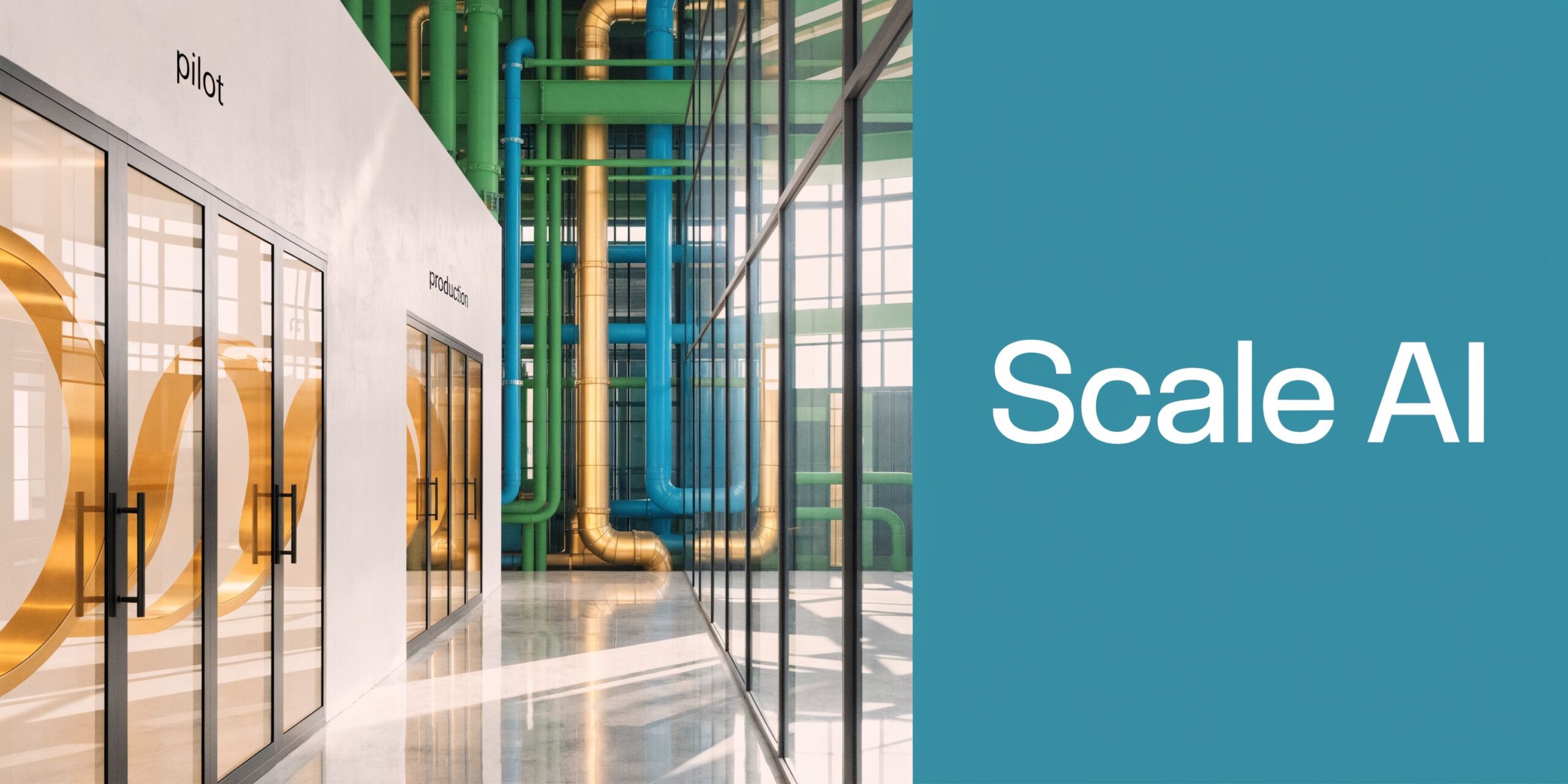 A sleek modern office corridor with glass walls and exposed pipes, labeled pilot and production areas.