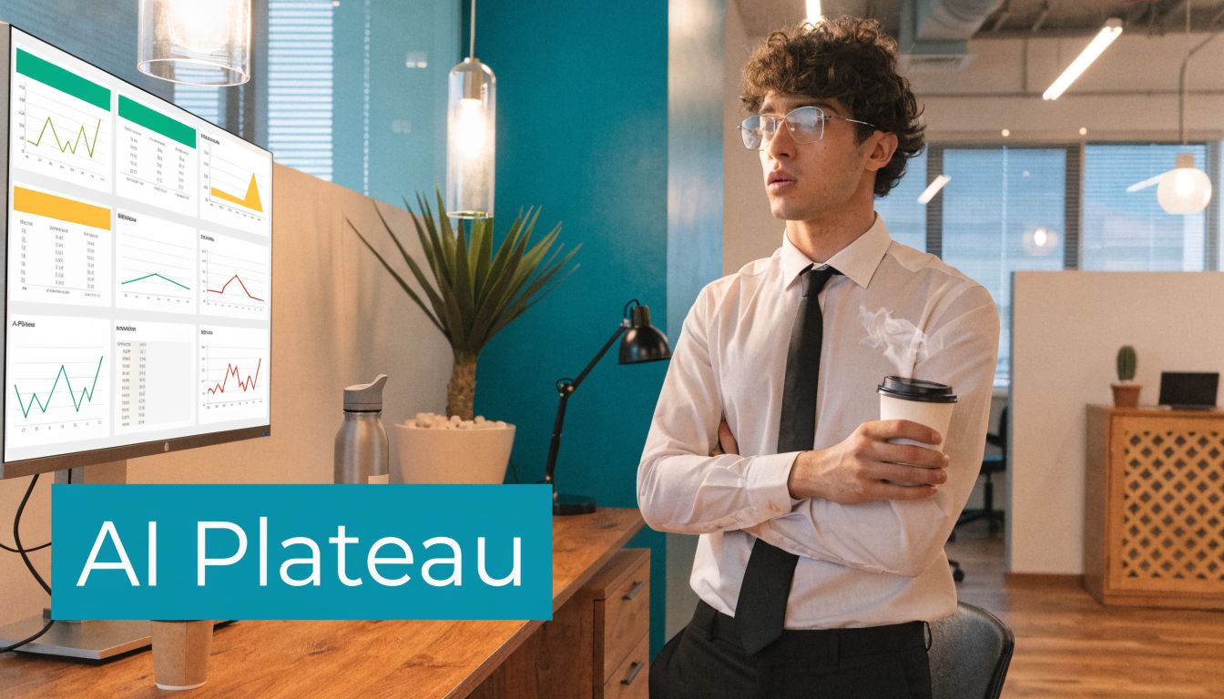 A professional man in a dress shirt and tie holds a cup of coffee while observing data charts.