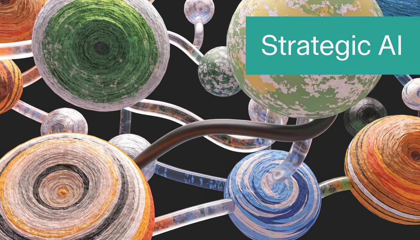 A 3D abstract visualization of spheres connected by tubes with text reading Strategic AI overlayed.