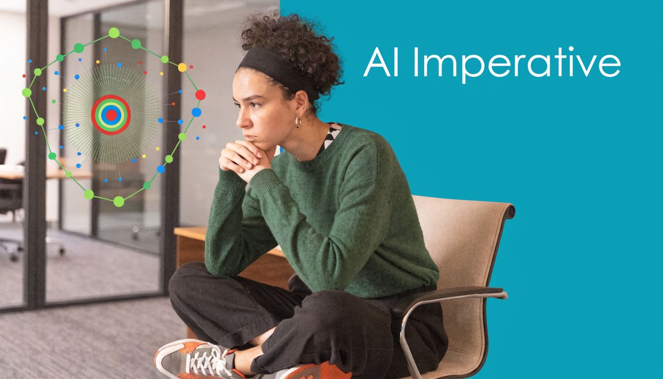 A person sitting in an office chair contemplating an abstract AI data visualization concept graphic.