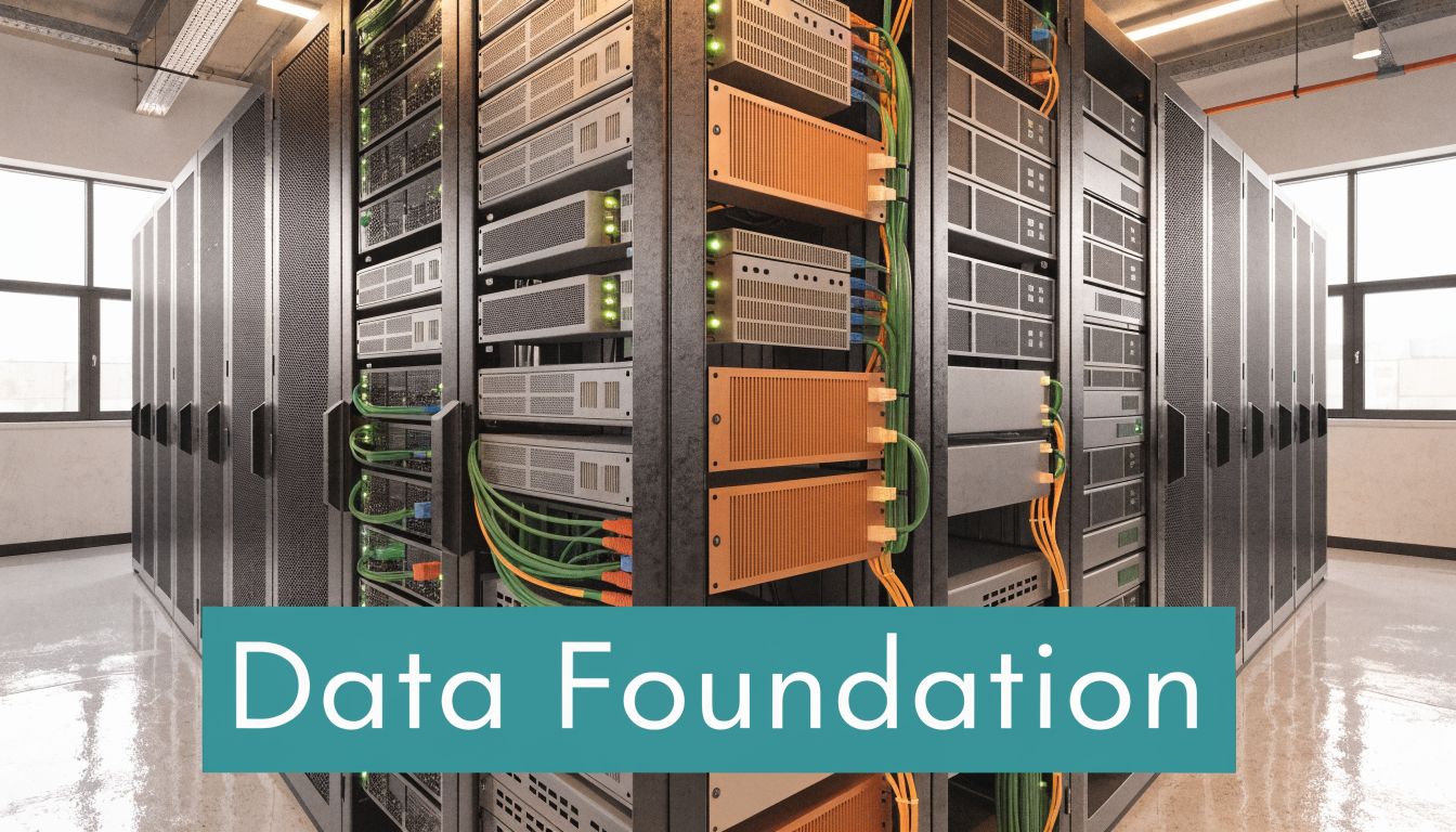 A modern data center server room with rows of racks and high-performance server hardware equipment.