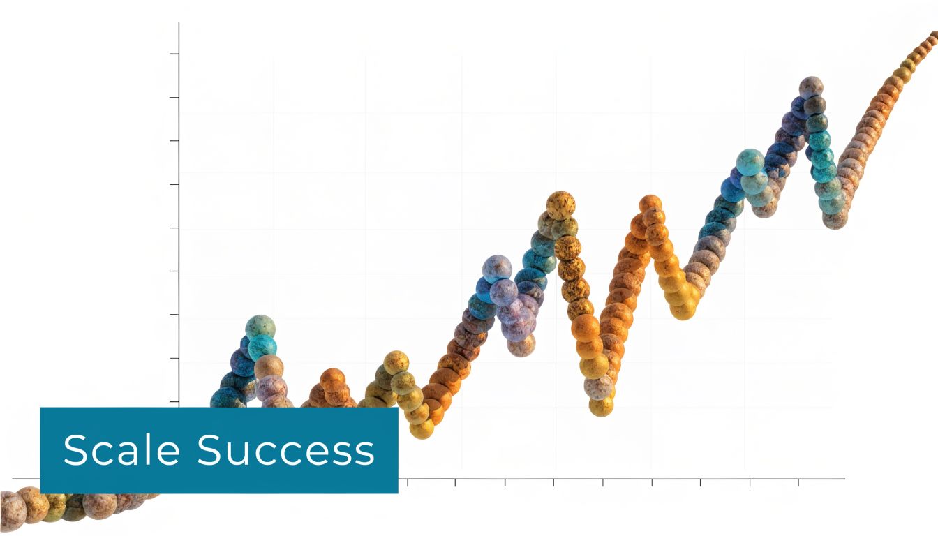 A 3D graph made of colorful spheres showing an upward growth trend with the text Scale Success.