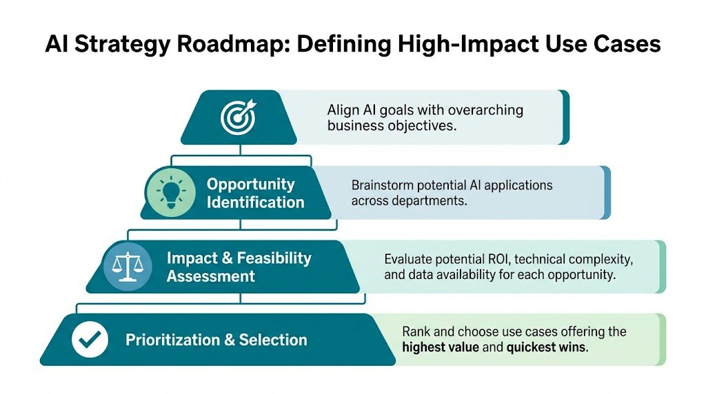 A four-step pyramid diagram illustrating a roadmap for identifying and prioritizing high-impact AI business use cases.