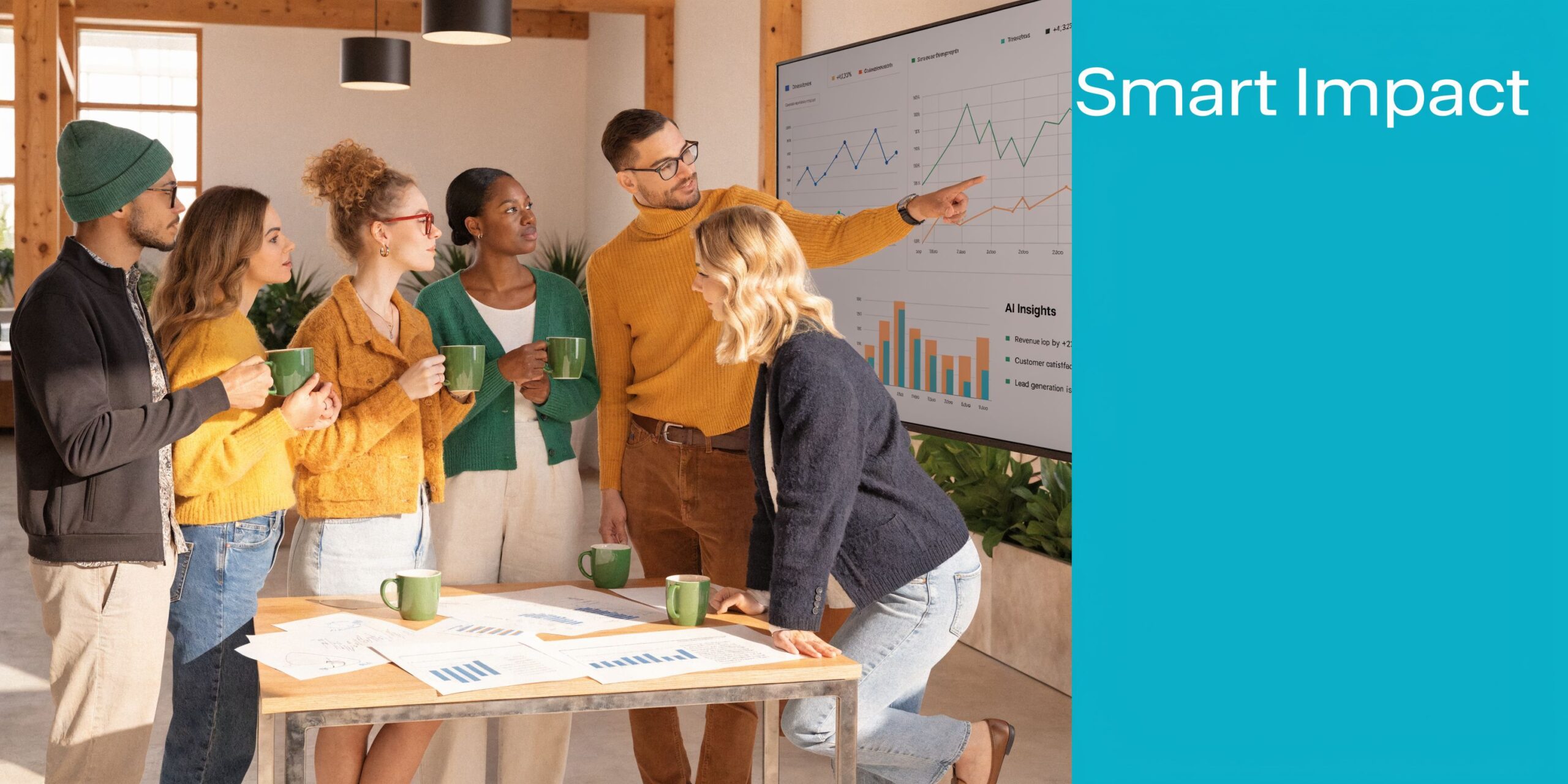 A diverse group of professionals collaborating in an office while reviewing data trends on a digital screen.